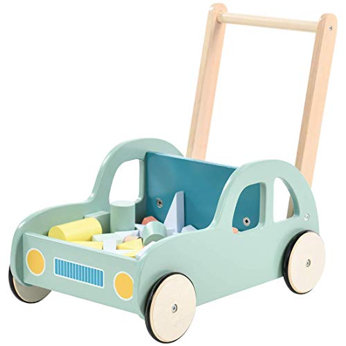 Labebe Kinder Lauflernwagen Holz Auto mit Bauklötzen Baby Lauflernhilfe Grün Push Pull Spielzeug...