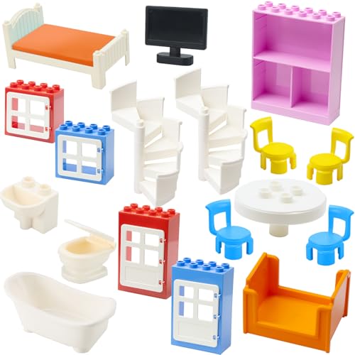 Mirthben Ergänzungsset für Duplo Steine 18-teiliges Kreativ-Set mit Türen, Fenstern, Möbeln &...