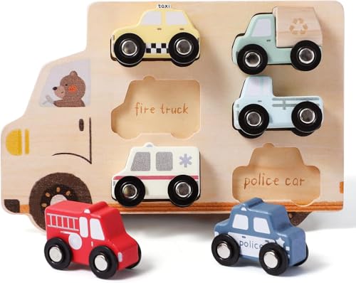 Holz Autos Fahrzeuge Set für Kinder - 6 Stück Holzautos Set mit Feuerwehrauto, Ambulan, Taxi zund...