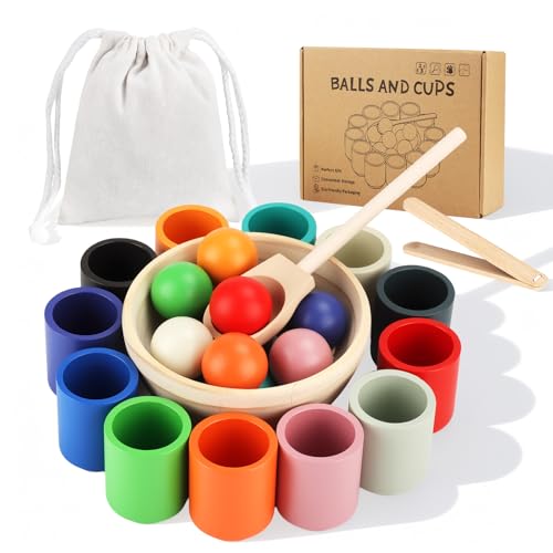 KIMIGO Montessori Spielzeug ab 2 Jahr,Regenbogen Bälle in Tassen Holz Sortier Stapelspielzeug,12...