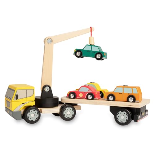 Nene Toys Autotransporter aus Holz mit Kran & 4 Magnet-Autos – Magnetspielzeug für Kinder ab 2...