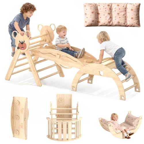Freelawn Klettergerüst Indoor,Holz Montessori Kletterdreieck mit Rutsche, Bogen，Leiter&Spielmatte...