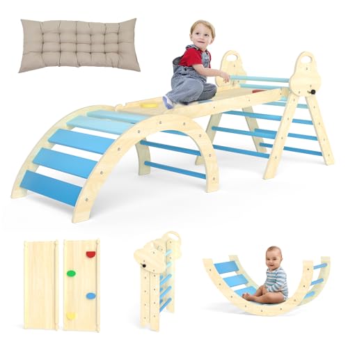 Puecrof 7-in-1 Montessori Kletterdreieck mit Kissen – Holz Kletterspielzeug für Kleinkinder 1-3...