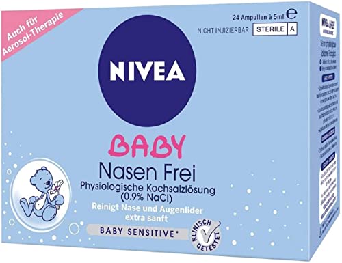 NIVEA BABY Nasen frei (24 Ampullen à 5 ml), Nasenpflege mit Kochsalzlösung reinigt Nase und...