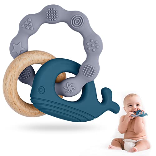 Vicloon Beißring für Babys, Beißring Spielzeug aus Silikon und Holzringe, Baby Zahnungshilfe...