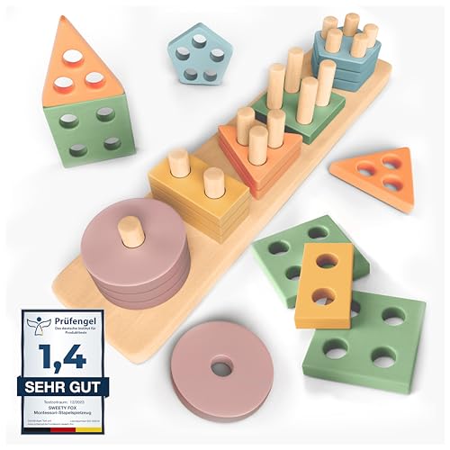 Sweety Fox Montessori Spielzeug ab 1 Jahr - Holz Sortier & Stapelspielzeug, 1 2 3 Jahre -Aktivitäts...