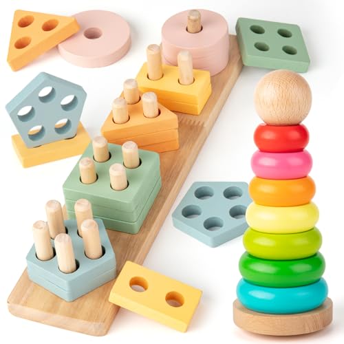 EFO SHM Montessori Spielzeug ab 1 Jahr - Holzspielzeug Stapelturm und Puzzle Motorikspielzeug -...