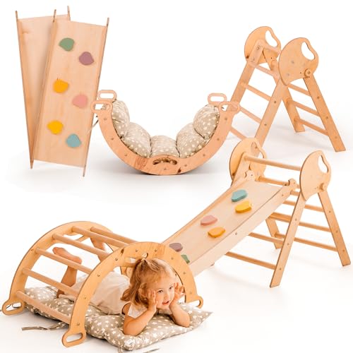 Goodevas 5-in-1 Montessori Klettergerüst Set: Indoor Kletterdreieck, Kletterbogen mit Kissen, und...