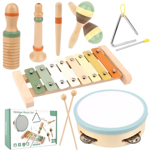 KUOFANY Musikinstrumente für Kinder ab 3 Jahren, Holzspielzeug mit Xylophon, Triangel, Maracas,...