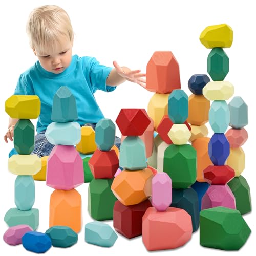 RunHero 39 Stück Stapelsteine Balanciersteine Montessori Holz Bauklötze Spielzeug für Kinder...