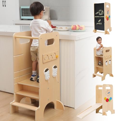 Olvy Kids 4-in-1 Montessori Lernturm - Learning Tower - Trittleiter Holz - Kindertritt 4 Stufen -...