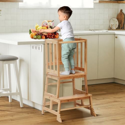 COSYLAND Lernturm ab 18 Monaten - Lernstuhl für Kinder aus Bambus - mit Kippschutz, rutschfesten...