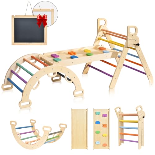 BlueWood 3-in-1 Montessori Indoor Spielset mit Bogen, Rampe und Kletterdreieck, Holz-Dreieckset für...