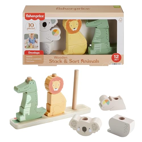 Fisher-Price Baby und Kleinkinder Stapel- und Sortiert-Tierwelt aus Holz, 10 Holzteile für die...