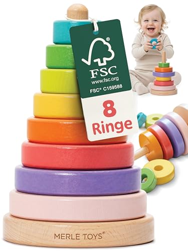 Merle Toys® Stapelturm Holz, 100% FSC-zertifiziertes Holzspielzeug Baby, Stapelturm ab 1 Jahr,...