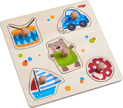 HABA 304608 - Greifpuzzle Spielsachen, 5-teiliges Holzpuzzle mit Spielzeug-Motiven und großen,...
