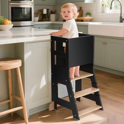KIDINIX Kinder Lernturm ab 1 Jahr, Learning Tower mit Tafel, Höhenverstellbar, Montessori-Lernstuhl...