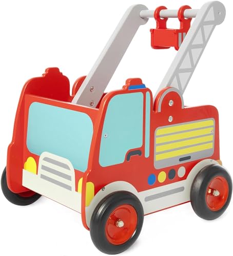 labebe Rot Feuerwehrauto Lauflernwagen Holz Baby Push Pull Lauflernhilfe Spielzeug mit Rädern für...