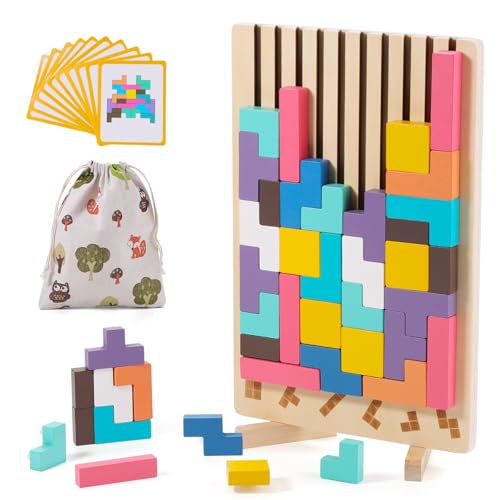 Holzpuzzle Tetris, Montessori Lernspielzeug 3 4 5 6 Jahre, 3D Stapelpuzzle Bunt Farben Formen...