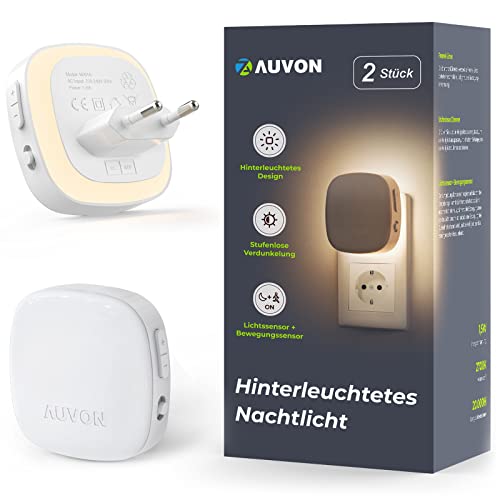 AUVON Nachtlicht Steckdose mit Bewegungssensor und Dämmerungssensor, 2 Stück Warmweißes LED...