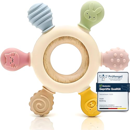 CAJA Beißring Baby BPA freie Zahnungshilfe und Beißspielzeug aus Silikon und Holz Greifring mit...