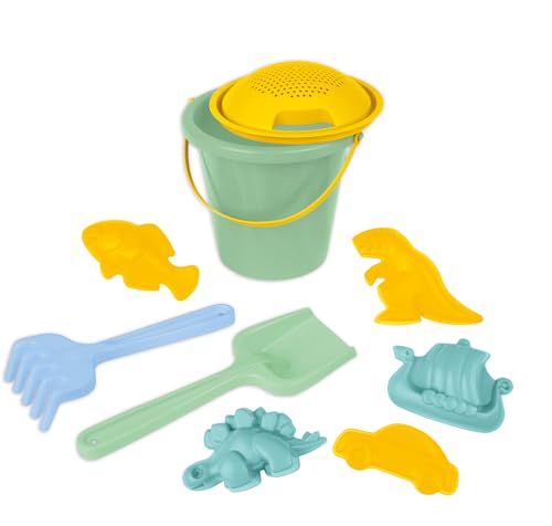 LENA® Sandspielset 9-teilig – Eimer Ø 18 cm (2 L), Sieb, Schaufel, Rechen & 5 Förmchen –...