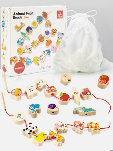 DealKits Fädelspiel ab 2 Jahren, Montessori Spielzeug Lernspiel Holzspielzeug, 42 Stück Holzperlen...