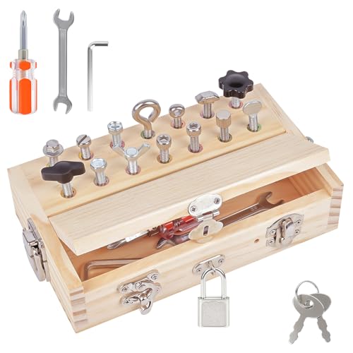 Montessori Spielzeug ab 3 4 5 Jahre, Motorikspielzeug Holz Schraubbrett mit Schlüssel & Schloss,...