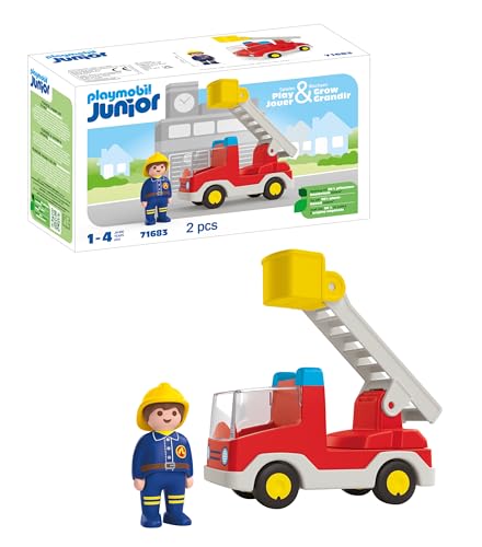 PLAYMOBIL JUNIOR | Feuerwehrleiterfahrzeug | nachhaltiges Spielzeug für Kinder ab 1 Jahr | inkl....