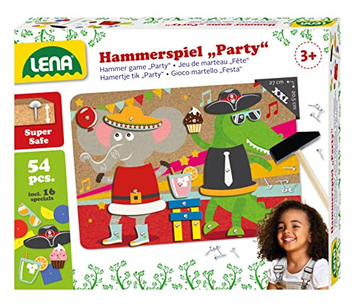 Lena 65835 - Hammerspiel Party, Nagelspiel mit 38 farbigen Teilen & 16 Sonderteile, XXL Grundplatte...