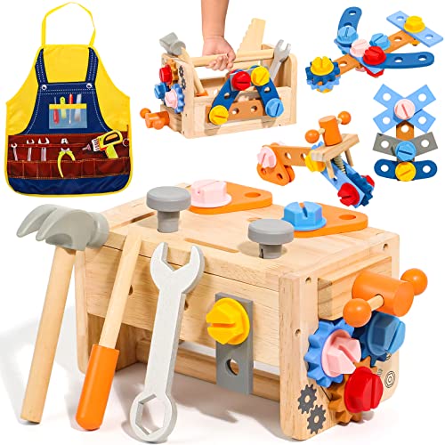 hifunti Werkzeugkoffer Kinder Werkbank mit Schürze Kinderwerkzeug Montessori Spielzeug, Geschenk...