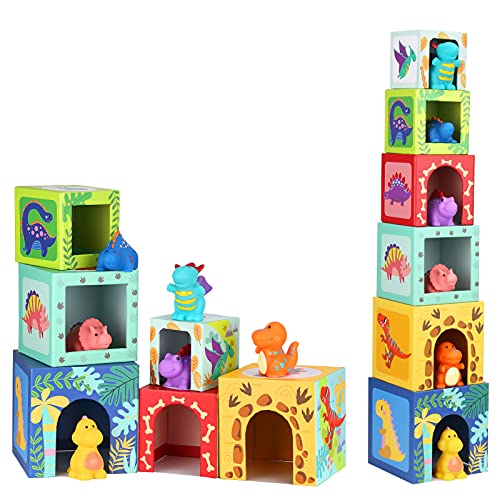 Baby Stapelwürfel und Stapelturm, Kinder Dinosaurier Montessori Spielzeug ab 1 2 3 Jahr, Geschenk ,...