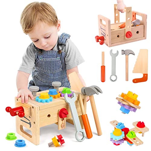 XIAPIA Werkzeugkoffer Kinder Werkzeug Holzspielzeug, 29 Stück Werkbank Kinderwerkzeug Set mit...