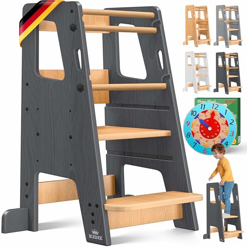 KIDIZ® Lernturm für Kinder ab 1 Jahr inkl. Lernuhr | 3-stufig Höhenverstellbarer Tritthocker aus...