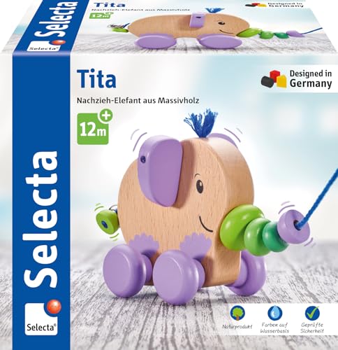 Selecta 62101 Tita, Nachzieh-Elefant, Schiebe-und Nachziehspielzeug aus Holz, 14 cm