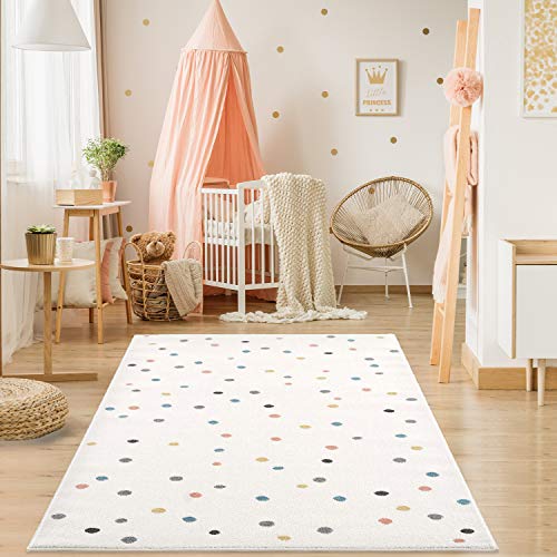 payé Teppich Kinderzimmer - Cream - 120x160cm - Spielteppich Bunte Punkte Kurzflor Kinderteppich -...