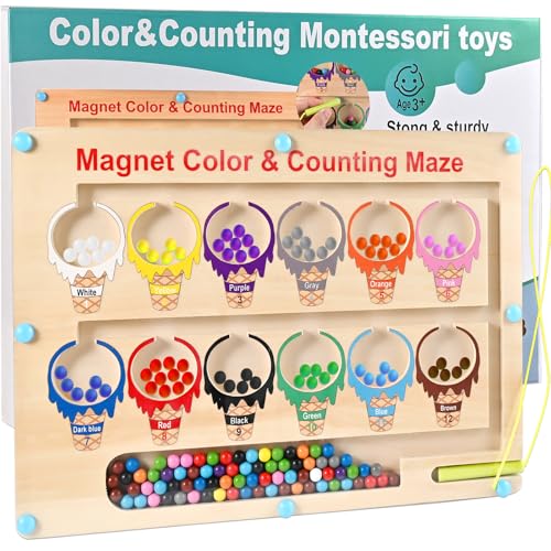 Wooderma Magnetspiel Labyrinth Holzspielzeug, Montessori Spielzeug ab 3 4 5 6 Jahre, Zahlen Farben...