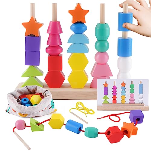 Montessori Spielzeug ab 3 4 5 Jahre, Holzspielzeug Steckspiel Fädelspiel Bausteine Sortierspiel...