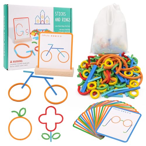 Montessori Spielzeug ab 3 Jahre, Vorschule Lernspiele, 120 Holz Sticks und Ringe 20 Karten, Form...