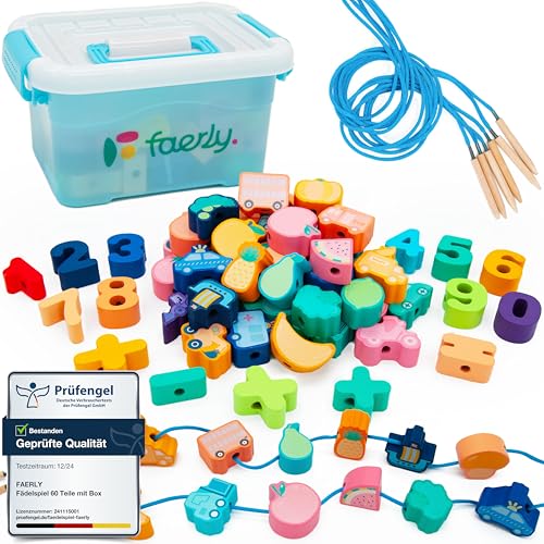 Faerly® Fädelspiel 60 Teile + Box - Montessori Spielzeug ab 2 3 4 5 6 Jahre für Kinder...