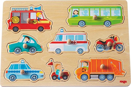 HABA 301940 - Greifpuzzle Fahrzeug-Welt , Holzspielzeug ab 12 Monaten , 8-teiliges Puzzle aus Holz...