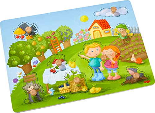 HABA 304430 - Greifpuzzle Obstgarten, 8-teiliges Holzpuzzle mit Naturmotiven und großen, griffigen...