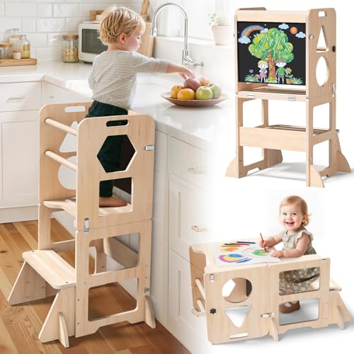 Woodure Lernturm ab 1 Jahr | 3 in 1 Learning Tower für Kinder | Klappbare Tritthocker mit Tafel |...