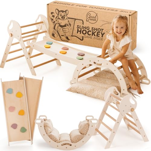 Goodevas 5-in-1 Montessori Klettergerüst Indoor aus Holz mit Rutsche – Kletterdreieck Montessori...