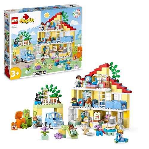 LEGO 10994 DUPLO 3-in-1-Familienhaus, Puppenhaus aus Bausteinen mit Push&Go Auto, 5 Figuren, 2...