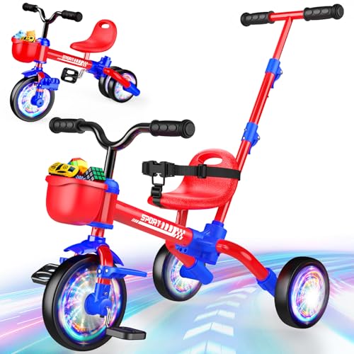 HappyGoLucky 5 in 1 Dreirad Mit Schubstange, Laufrad Ab 1-5 Jahre-Leuchtende Räder/Verstellbare...