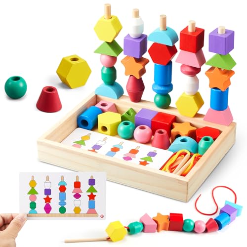 Montessori Spielzeug ab 3 4 5 Jahre Motorikspielzeug Fädelspiel Bausteine Sortierspiel für Kinder,...