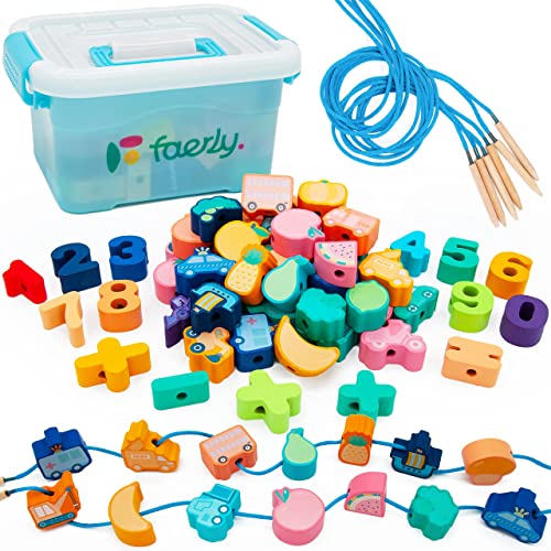 Faerly® Fädelspiel 60 Teile + Box - Montessori Spielzeug ab 2 3 4 5 6 Jahre für Kinder...