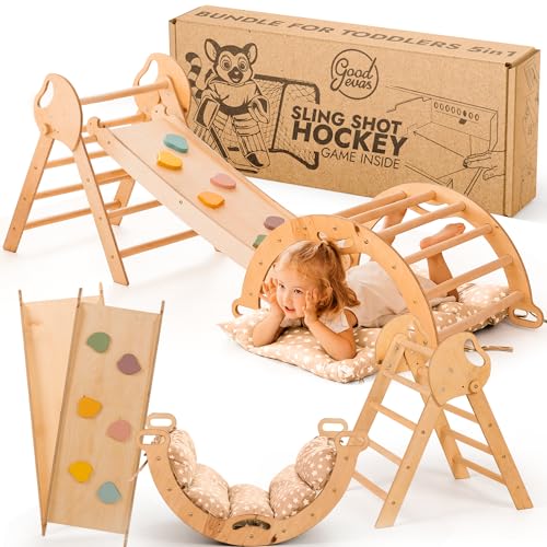 Goodevas 5-in-1 Montessori Klettergerüst Set: Indoor Kletterdreieck, Kletterbogen mit Kissen, und...