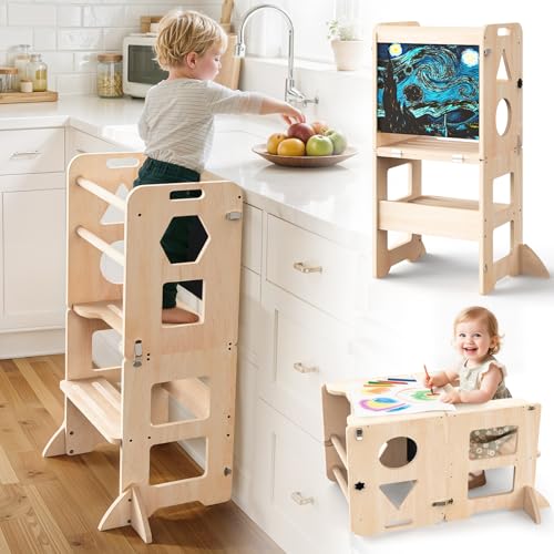 Woodure Lernturm ab 1 Jahr | 3 in 1 Learning Tower für Kinder | Klappbare Tritthocker mit Tafel |...